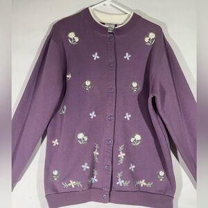 BAXTER & WELLS LARGE EMBROIDERED FLORAL CARDIGAN COTTAGECORE‎ LAVENDER PREOWNED